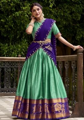 Bottle Green Zari Work Cotton Lehenga Set