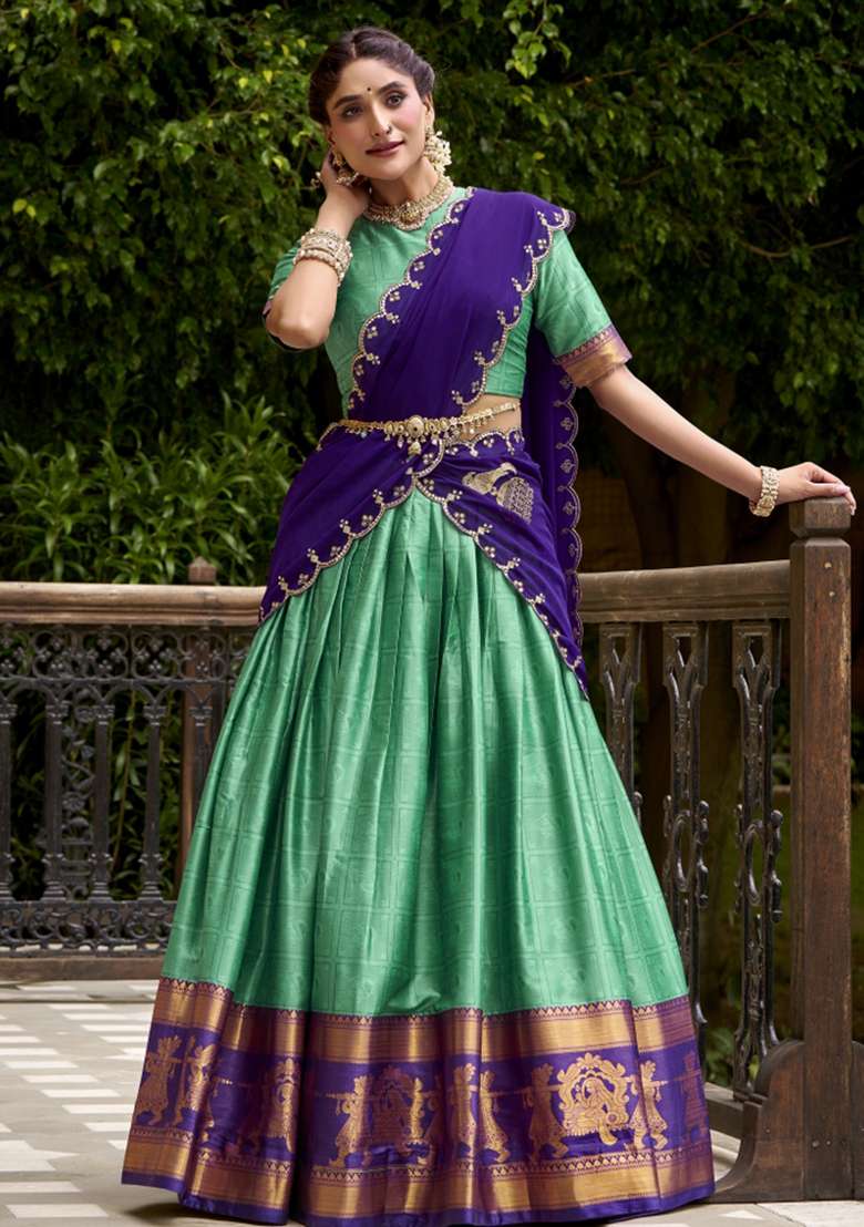 Bottle Green Zari Work Cotton Lehenga Set - Indya