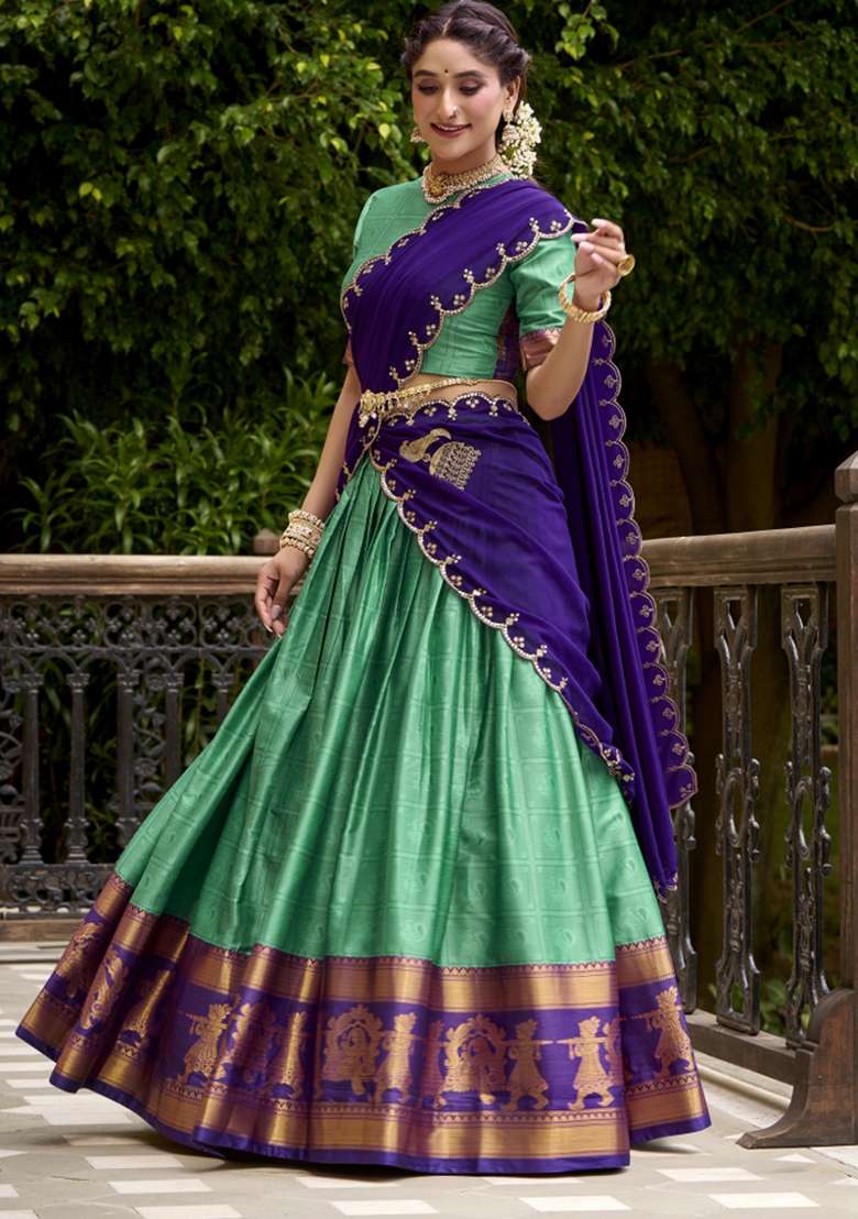 Bottle Green Zari Work Cotton Lehenga Set - Indya