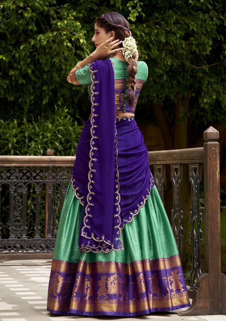Bottle Green Zari Work Cotton Lehenga Set - Indya