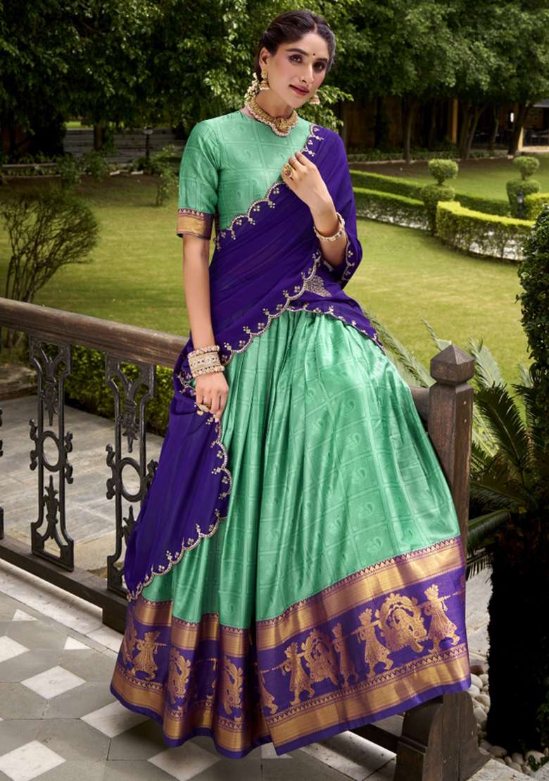 Bottle Green Zari Work Cotton Lehenga Set - Indya