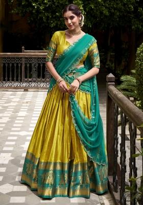 Yellow Zari Work Cotton Lehenga Set