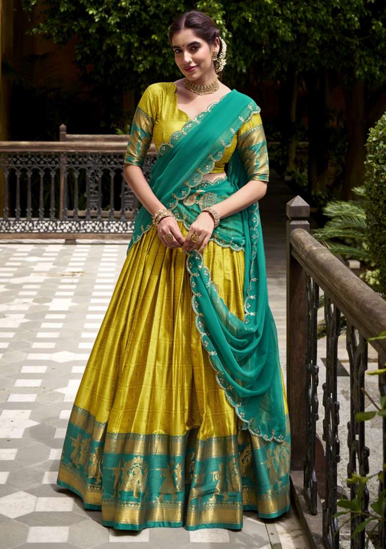 Yellow Zari Work Cotton Lehenga Set for Diwali and Festive Wear - Indya