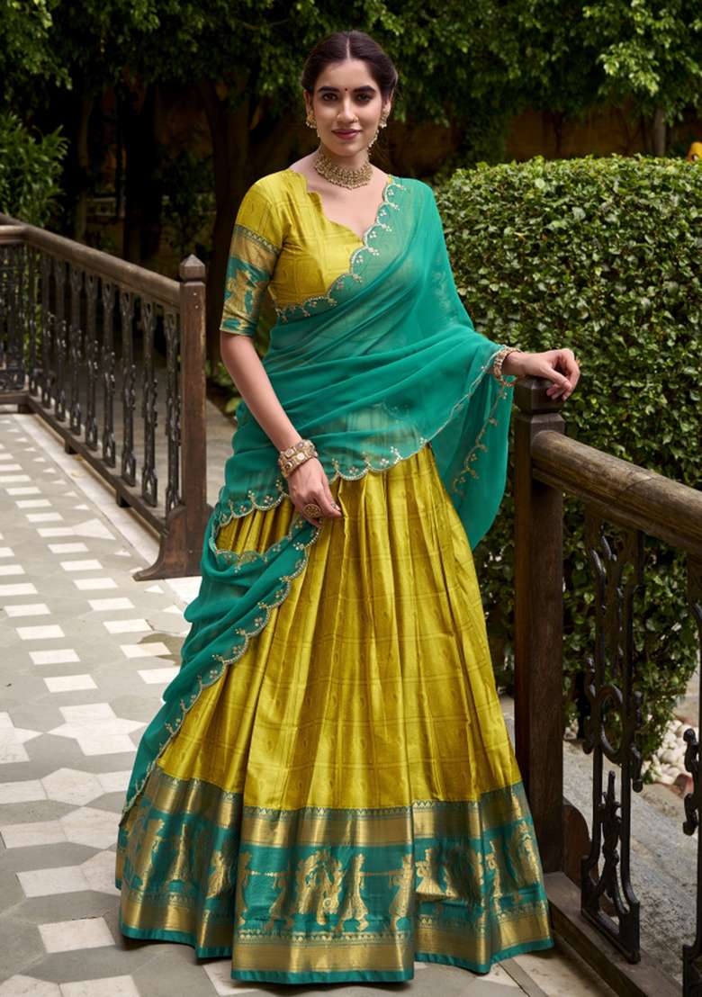 Yellow Zari Work Cotton Lehenga Set for Diwali and Festive Wear - Indya
