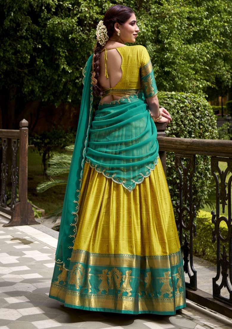 Yellow Zari Work Cotton Lehenga Set for Diwali and Festive Wear - Indya