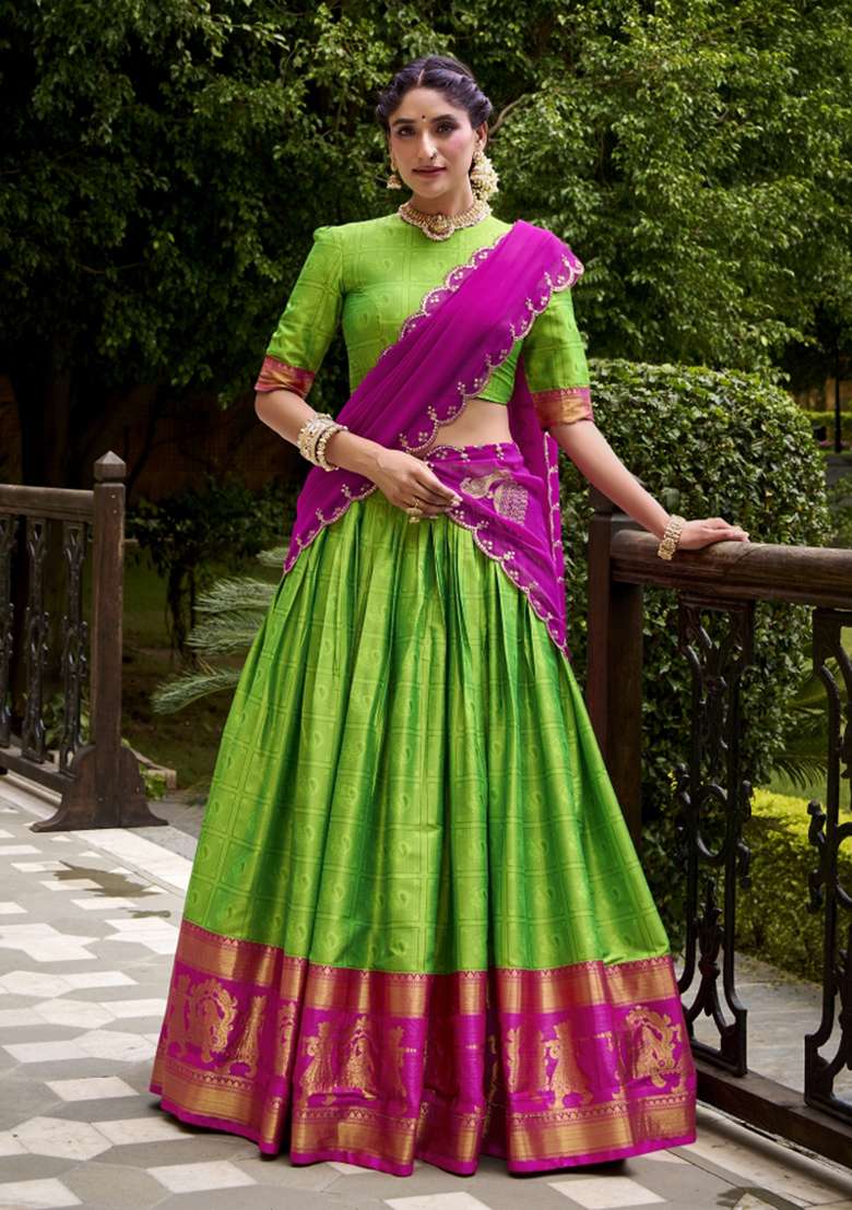 Parrot Cotton Lehenga Set with Zari Work for Diwali | Wedding & Festive Wear - Indya