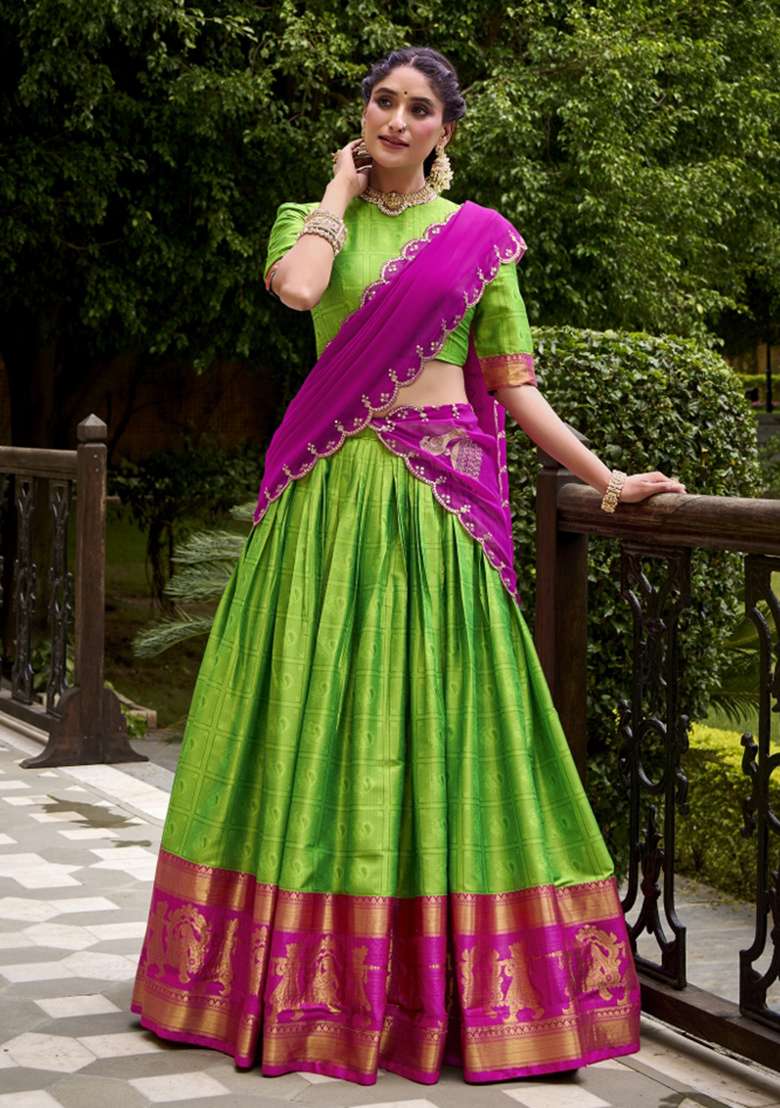 Parrot Cotton Lehenga Set with Zari Work for Diwali | Wedding & Festive Wear - Indya