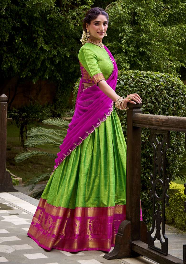 Parrot Cotton Lehenga Set with Zari Work for Diwali | Wedding & Festive Wear - Indya