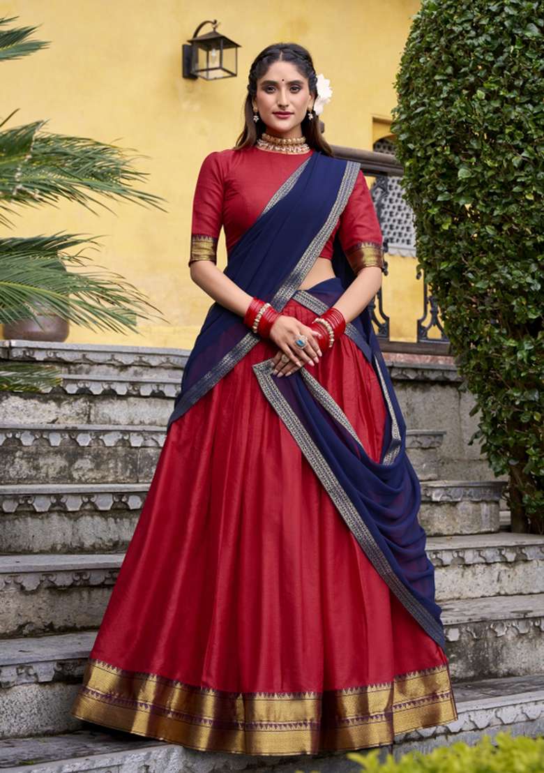Red Zari Work Cotton Lehenga Set - Indya