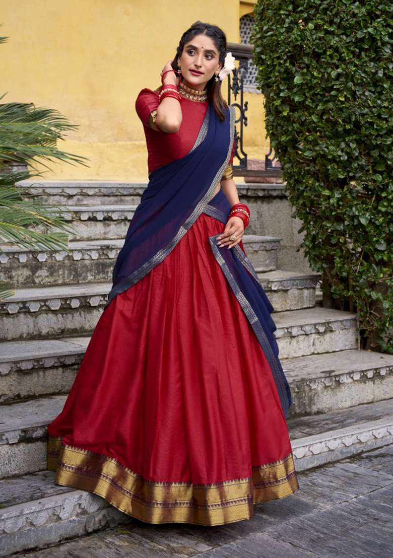Red Zari Work Cotton Lehenga Set - Indya