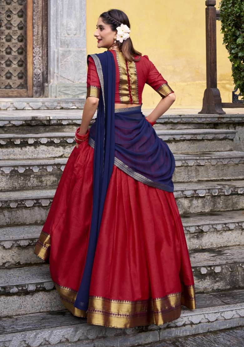 Red Zari Work Cotton Lehenga Set - Indya