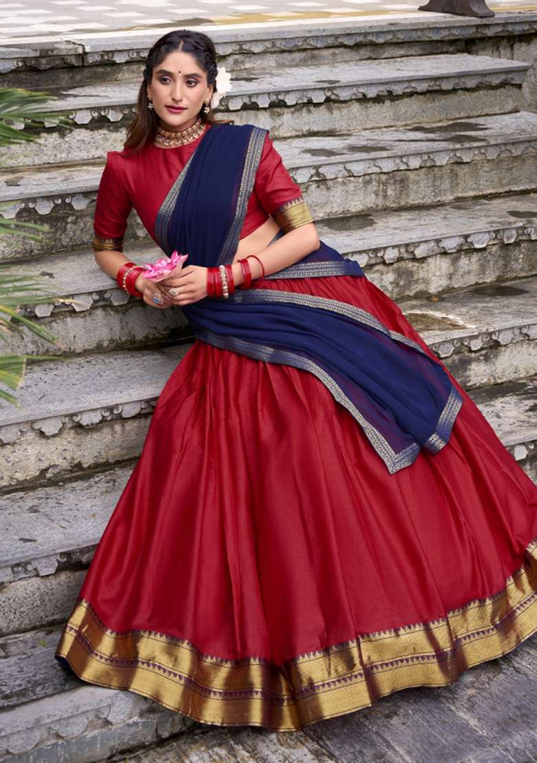 Red Zari Work Cotton Lehenga Set - Indya