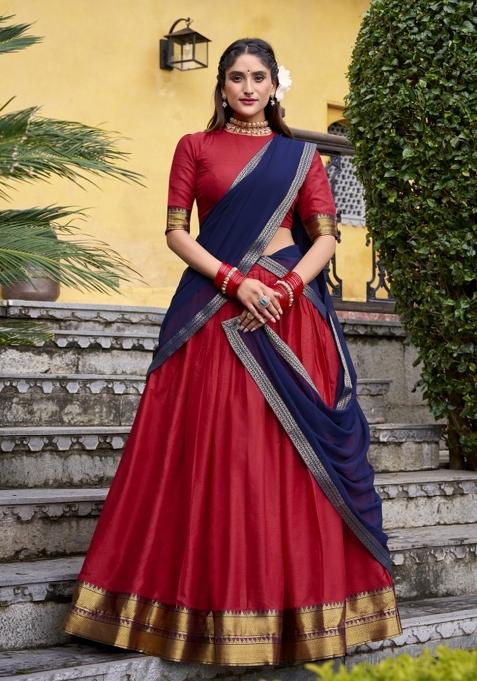 Red Zari Work Cotton Lehenga Set