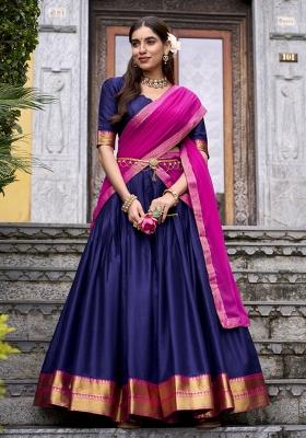 Navy Blue Zari Work Cotton Lehenga Set
