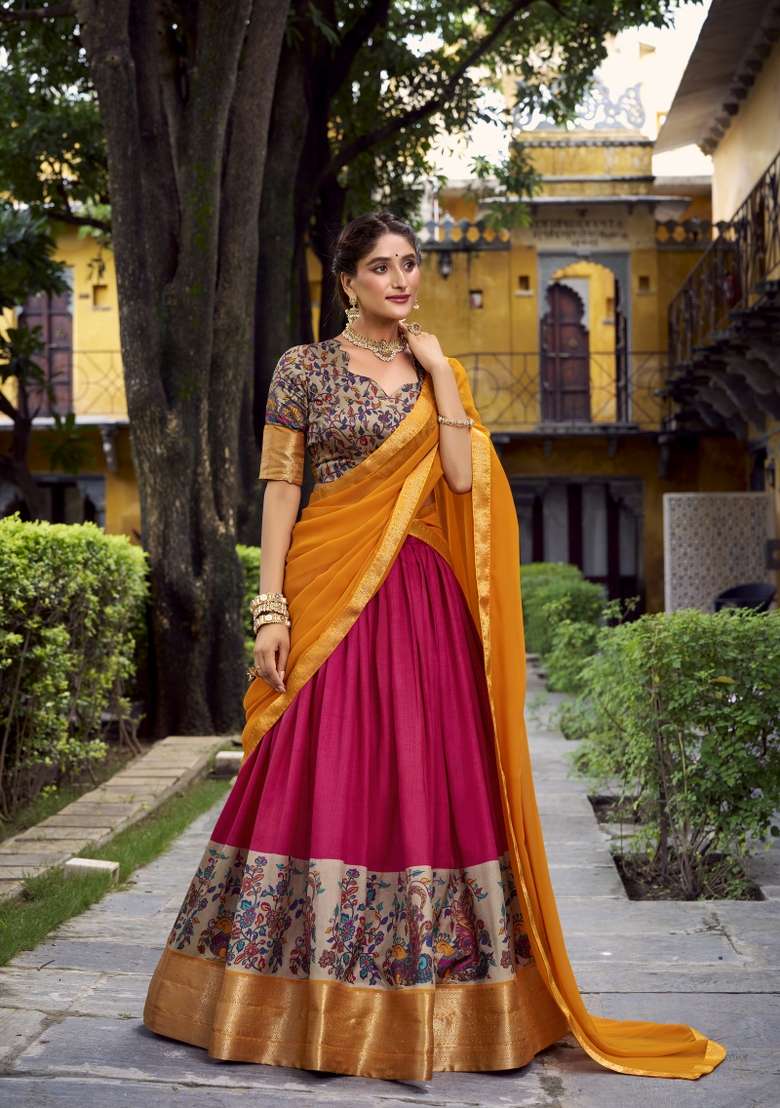 Navy Blue Printed Silk Blend Lehenga Set for Diwali and Festive Wear - Indya