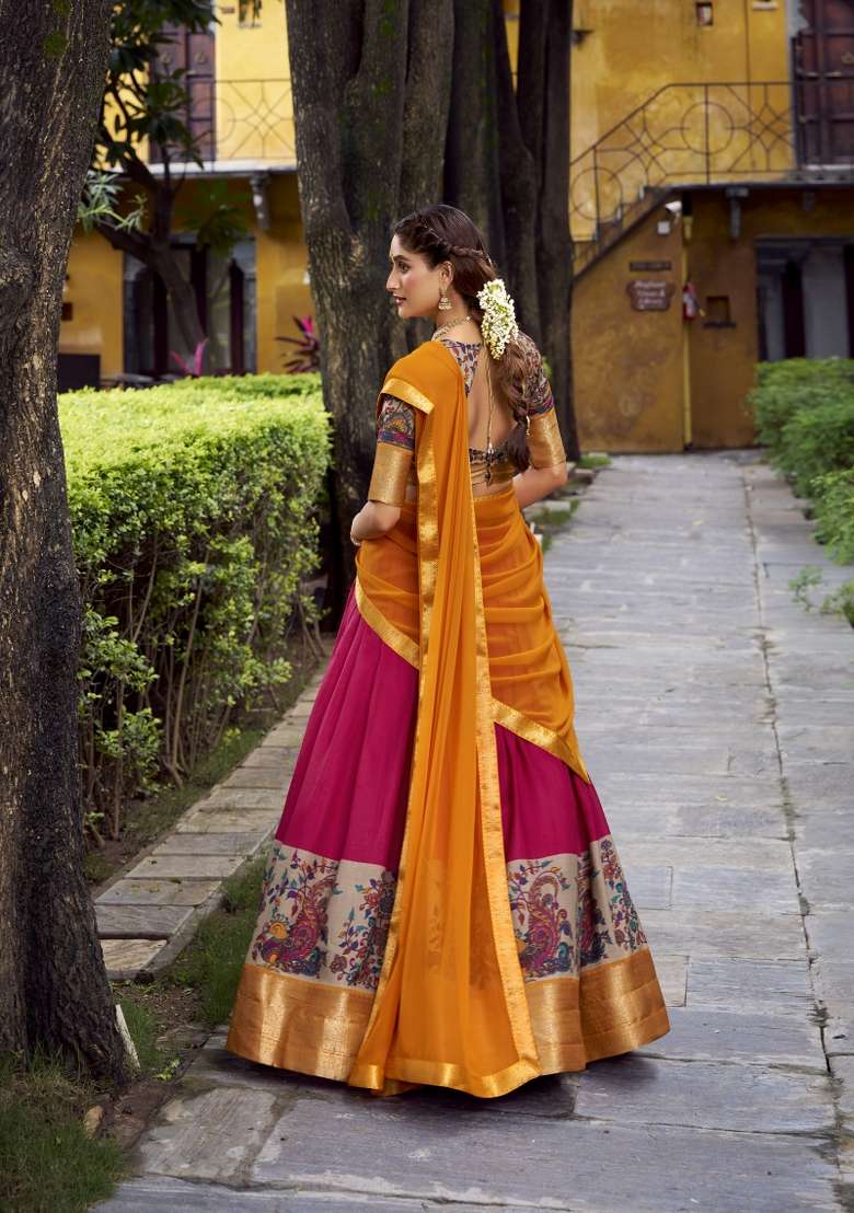 Navy Blue Printed Silk Blend Lehenga Set for Diwali and Festive Wear - Indya