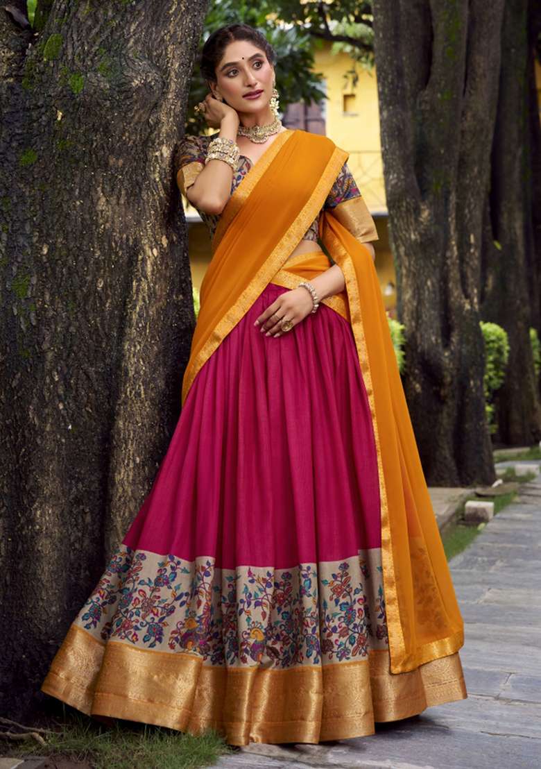 Navy Blue Printed Silk Blend Lehenga Set for Diwali and Festive Wear - Indya