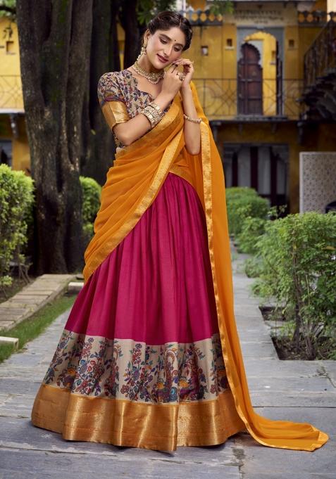 Navy Blue Printed Silk Lehenga Set