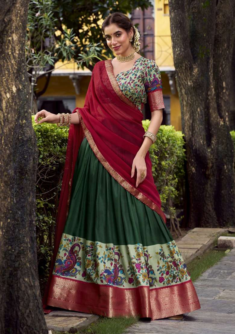 Navy Blue Silk Blend Lehenga Set with Printed for Diwali | Wedding & Festive Wear - Indya