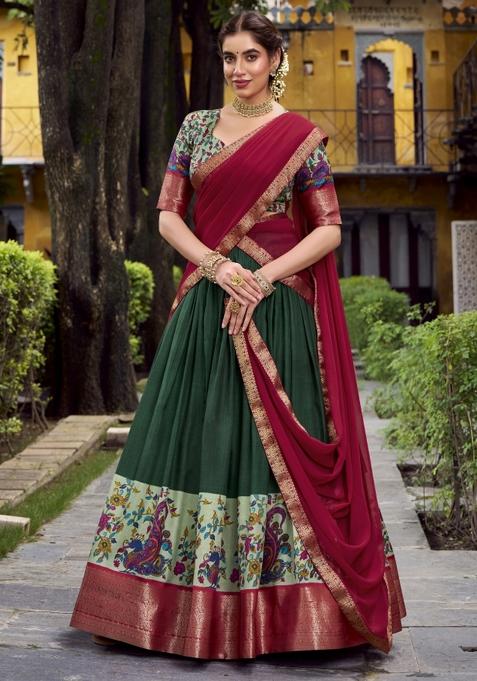 Navy Blue Printed Silk Lehenga Set