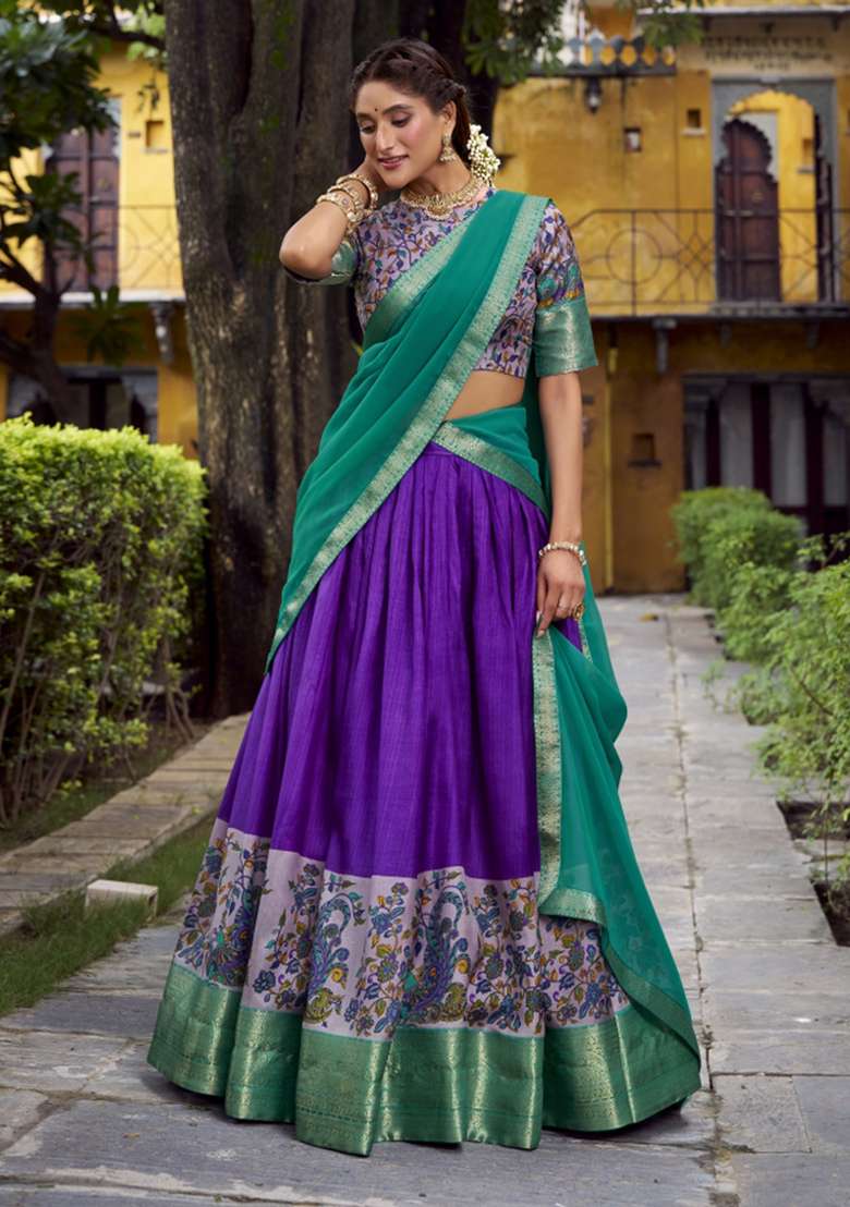 Navy Blue Printed Silk Blend Lehenga Set for Diwali and Festive Wear - Indya