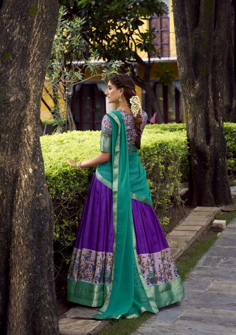 Navy Blue Printed Silk Blend Lehenga Set for Diwali and Festive Wear - Indya