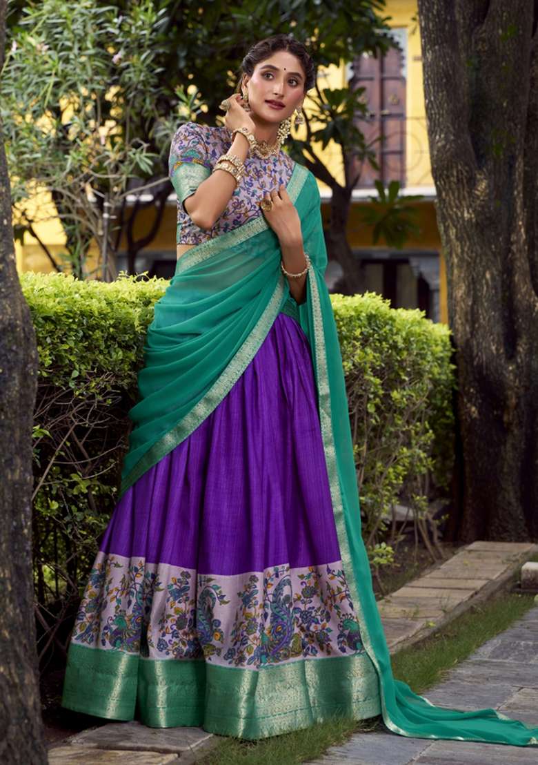 Navy Blue Printed Silk Blend Lehenga Set for Diwali and Festive Wear - Indya