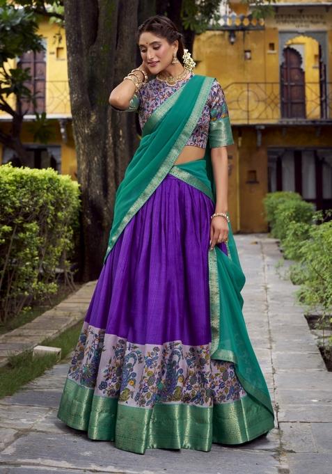 Navy Blue Printed Silk Lehenga Set