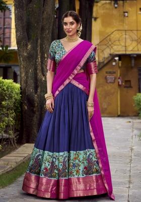 Navy Blue Printed Silk Lehenga Set