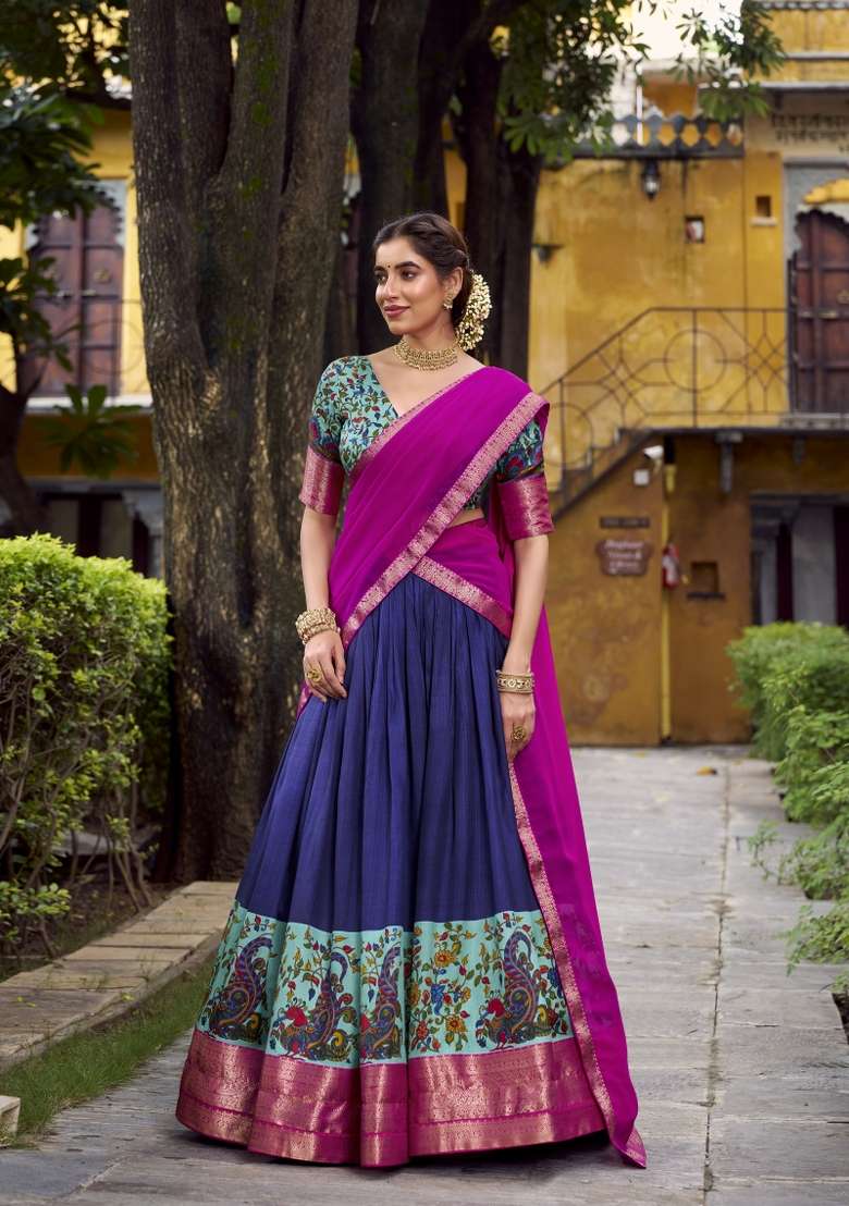 Navy Blue Printed Silk Blend Lehenga Set for Diwali and Festive Wear - Indya
