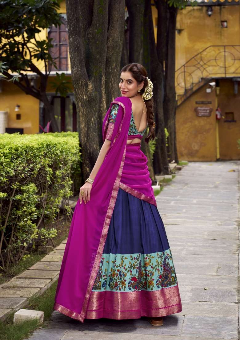 Navy Blue Printed Silk Blend Lehenga Set for Diwali and Festive Wear - Indya
