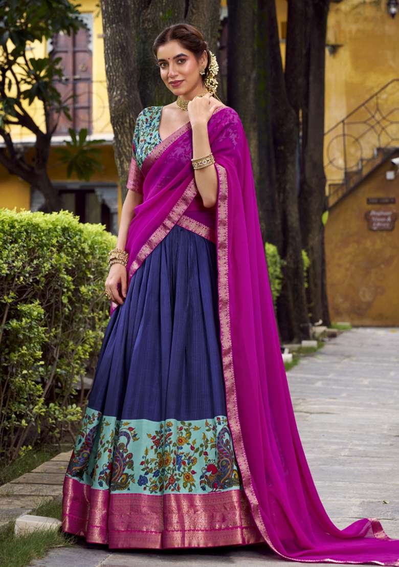 Navy Blue Printed Silk Blend Lehenga Set for Diwali and Festive Wear - Indya