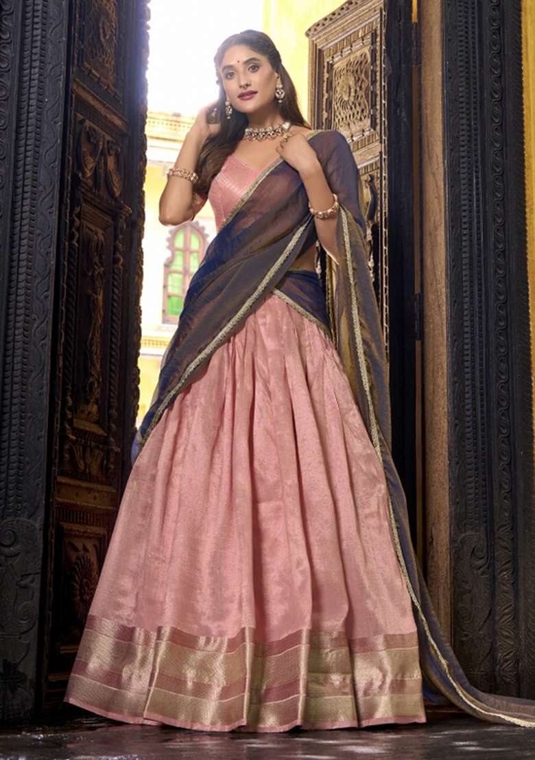 Navy Blue Zari Work Silk Lehenga Set - Indya