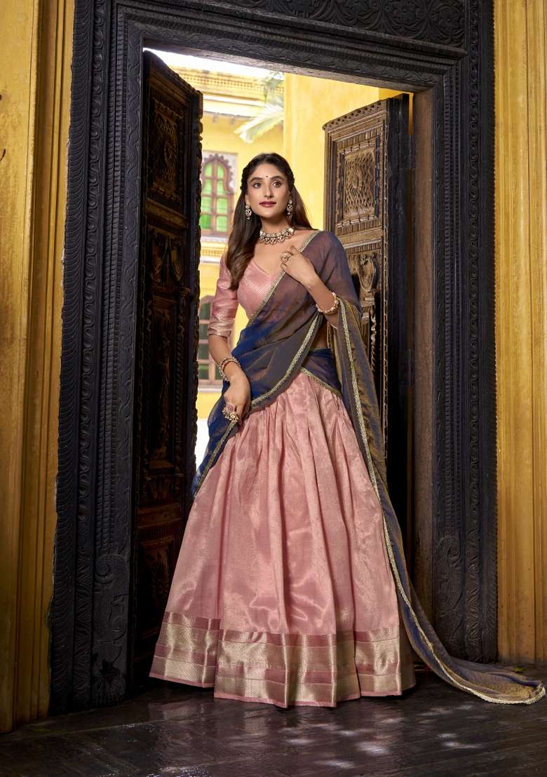 Navy Blue Zari Work Silk Lehenga Set - Indya