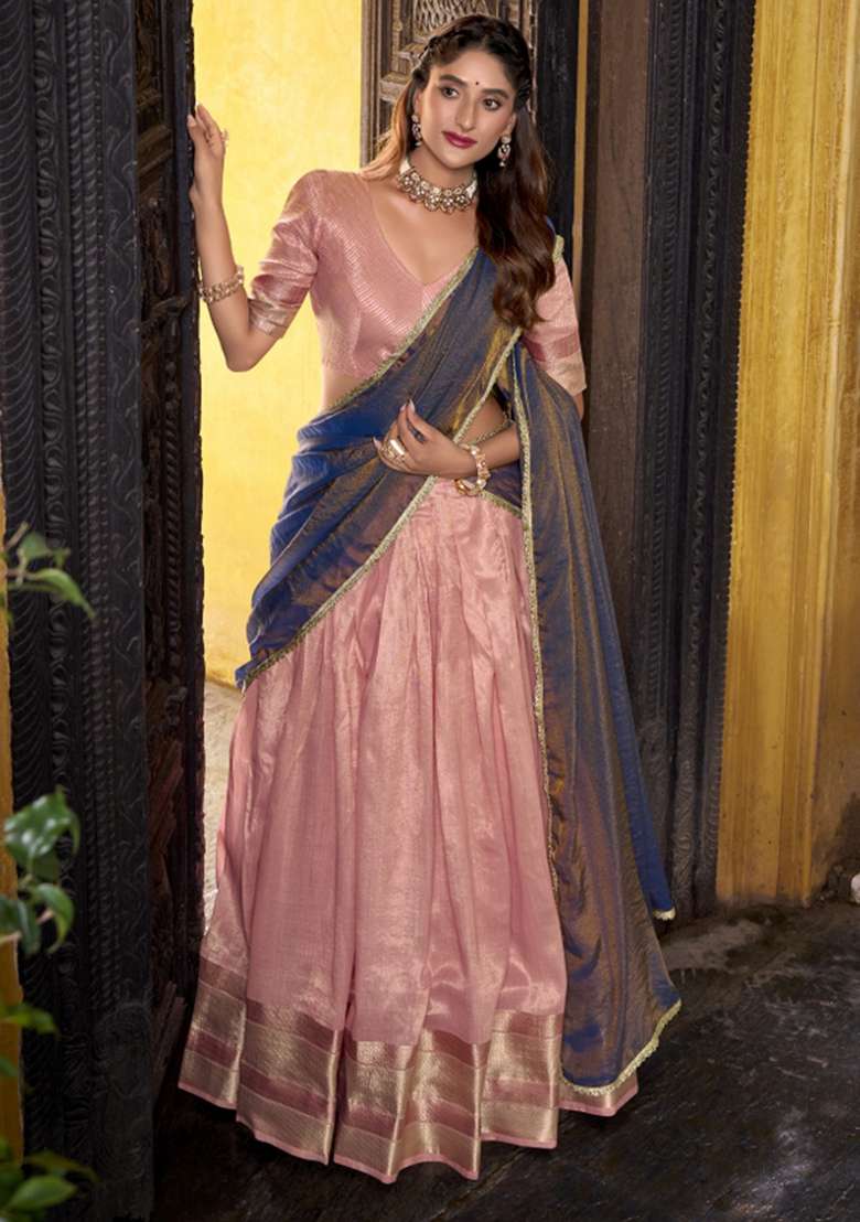 Navy Blue Zari Work Silk Lehenga Set - Indya
