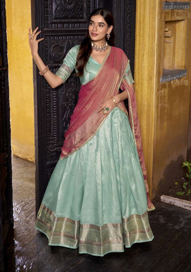 Navy Blue Zari Work Silk Lehenga Set - Indya