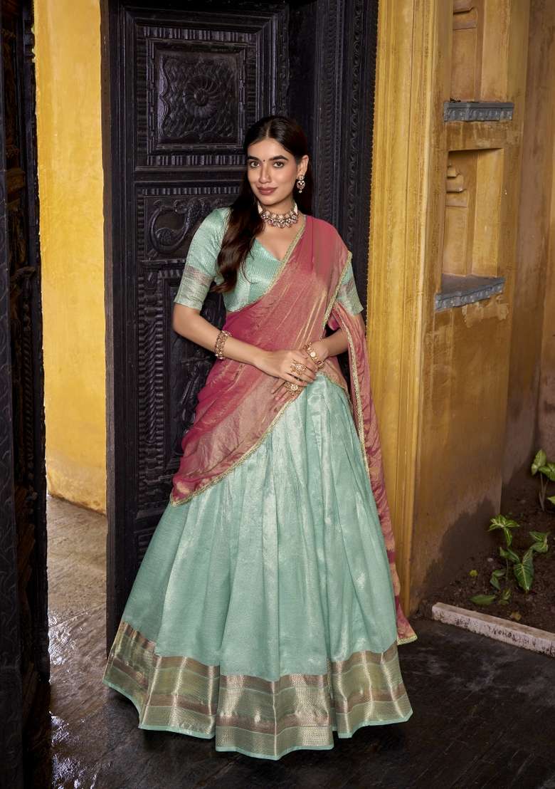 Navy Blue Zari Work Silk Lehenga Set - Indya