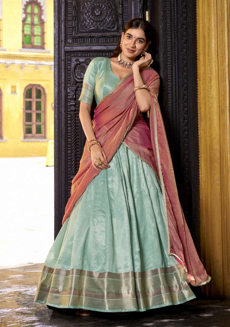 Navy Blue Zari Work Silk Lehenga Set - Indya