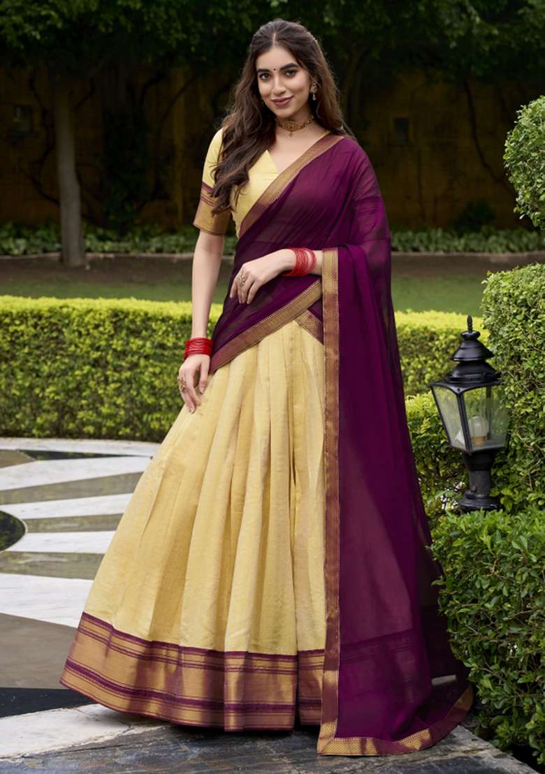 Navy Blue Zari Work Silk Blend Lehenga Set - Indya