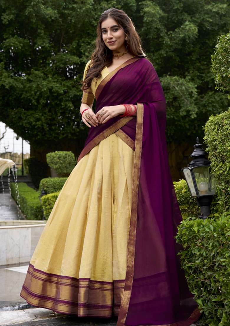Navy Blue Zari Work Silk Blend Lehenga Set - Indya