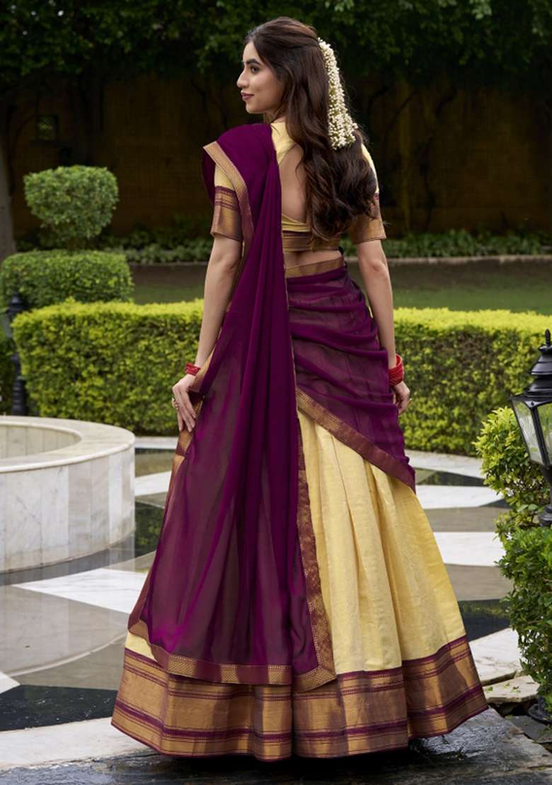 Navy Blue Zari Work Silk Blend Lehenga Set - Indya