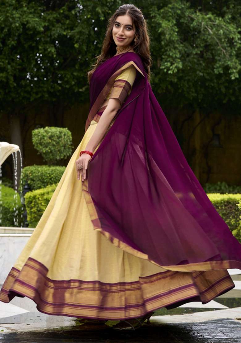 Navy Blue Zari Work Silk Blend Lehenga Set - Indya
