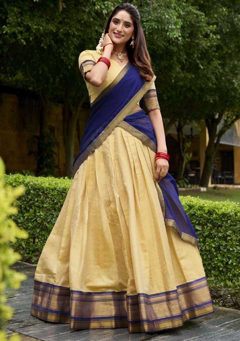 Navy Blue Zari Work Silk Blend Lehenga Set - Indya