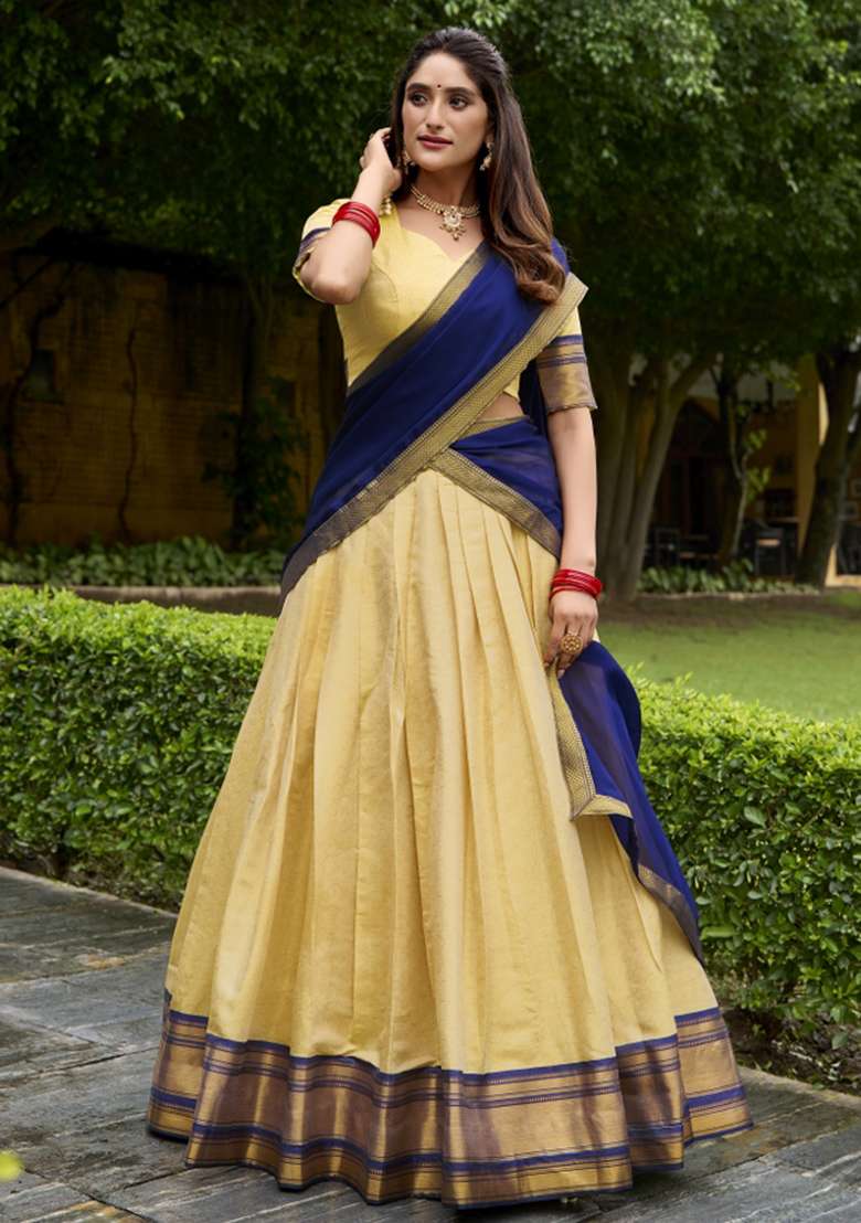Navy Blue Zari Work Silk Blend Lehenga Set - Indya