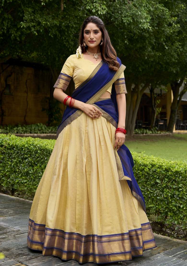 Navy Blue Zari Work Silk Blend Lehenga Set - Indya