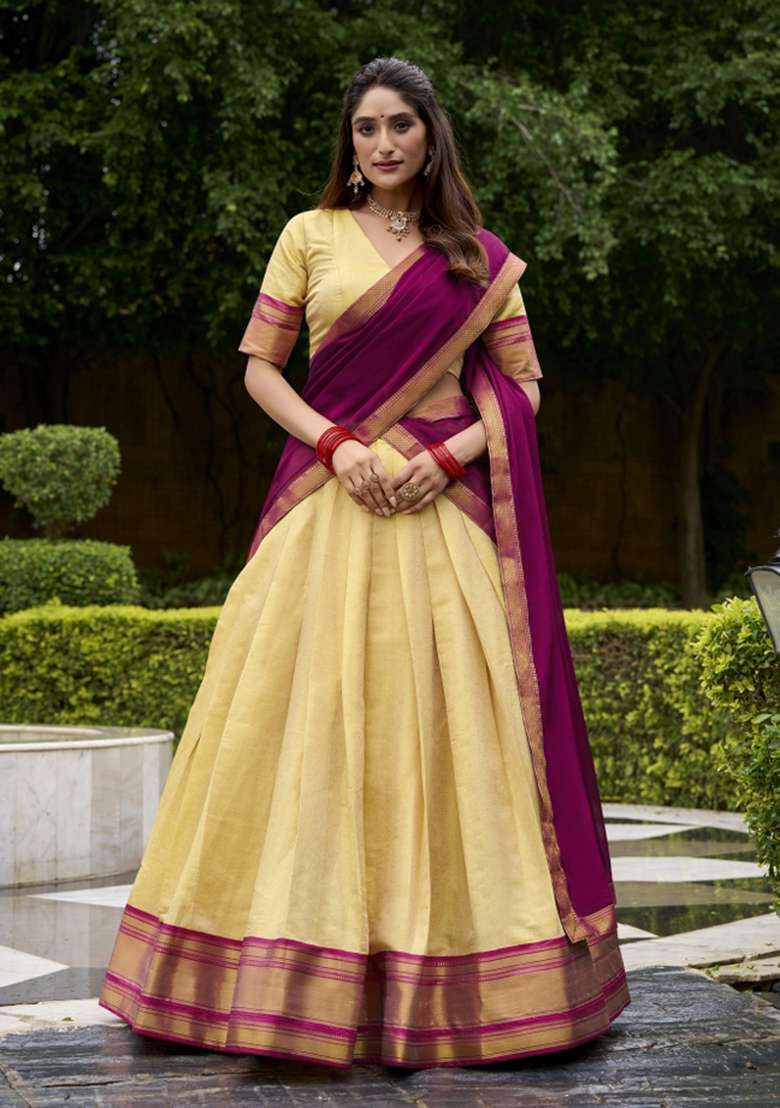 Navy Blue Zari Work Silk Blend Lehenga Set - Indya
