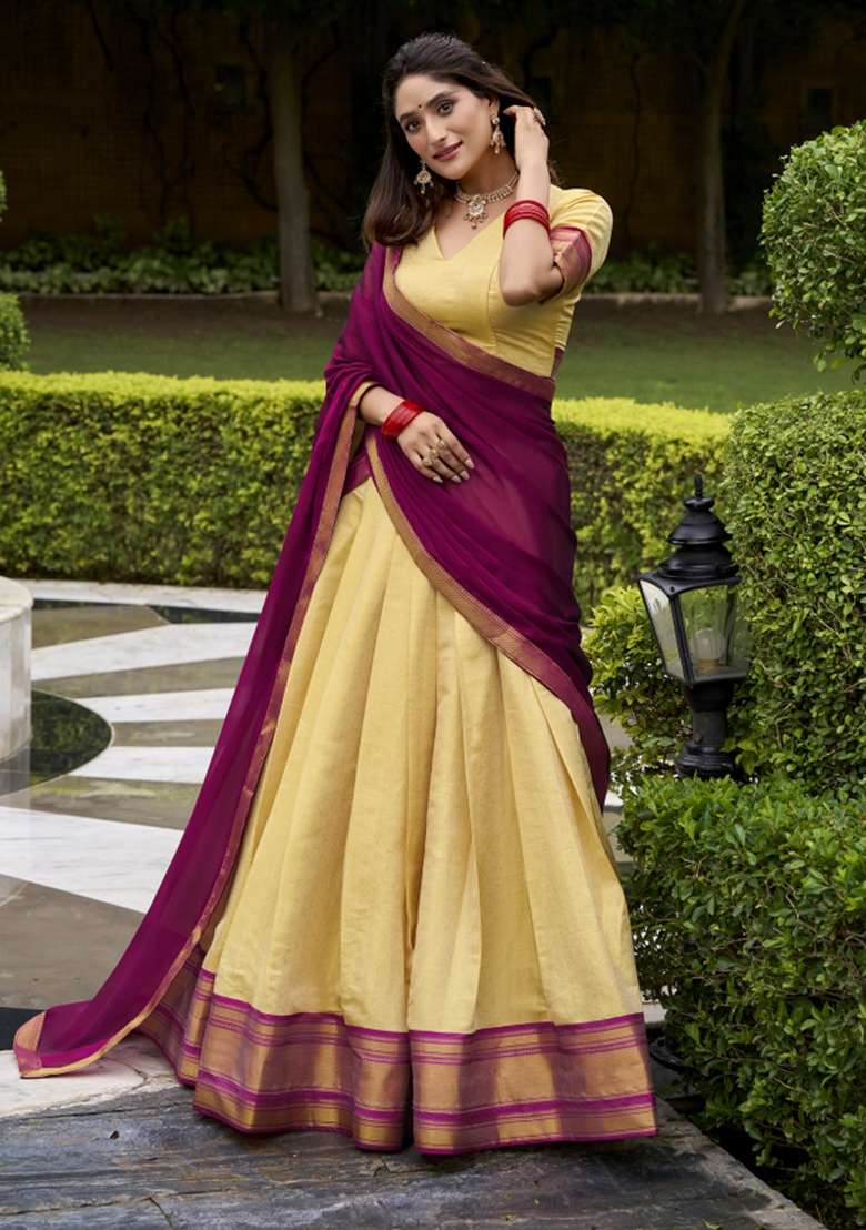Navy Blue Zari Work Silk Blend Lehenga Set - Indya