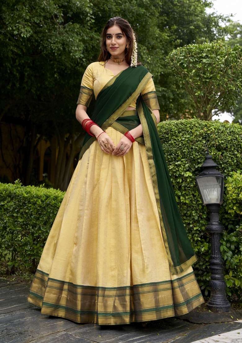 Navy Blue Zari Work Silk Lehenga Set - Indya