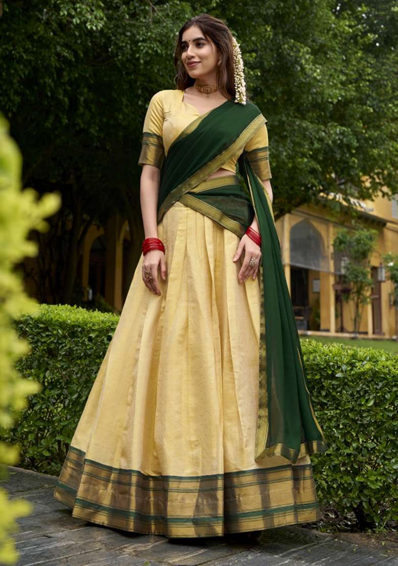 Navy Blue Zari Work Silk Lehenga Set - Indya