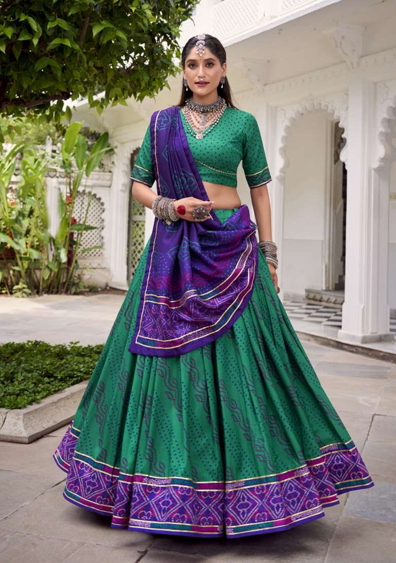 Navy Blue Printed Silk Blend Lehenga Set - Indya